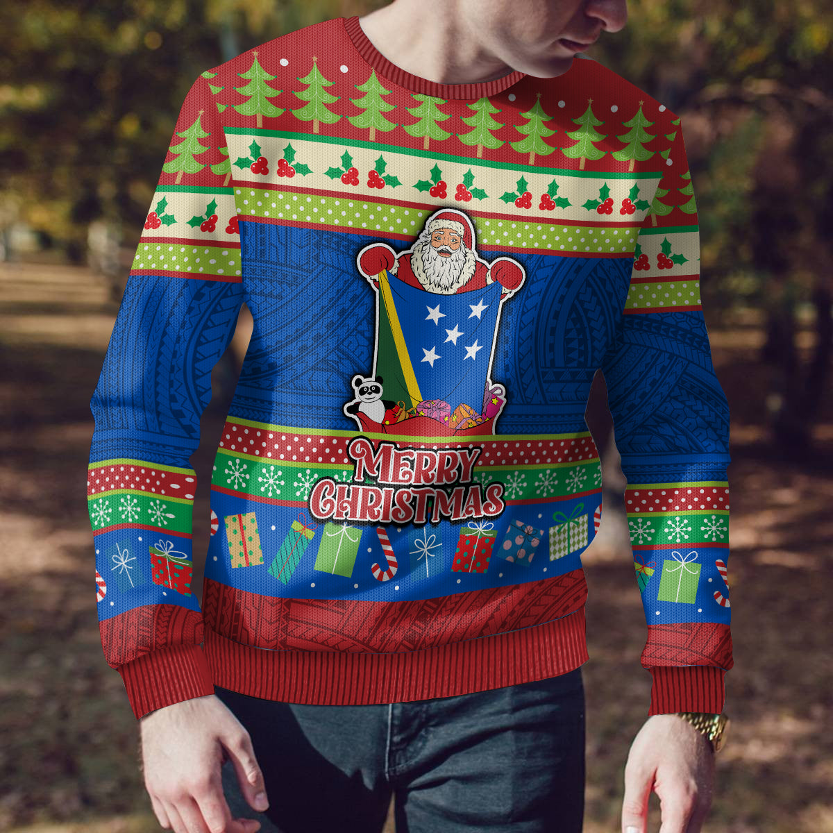 Solomon Islands Christmas Ugly Christmas Sweater Santa With Flag Of Solomon Polynesian Tribal Xmas Vibe LT03 - Polynesian Pride