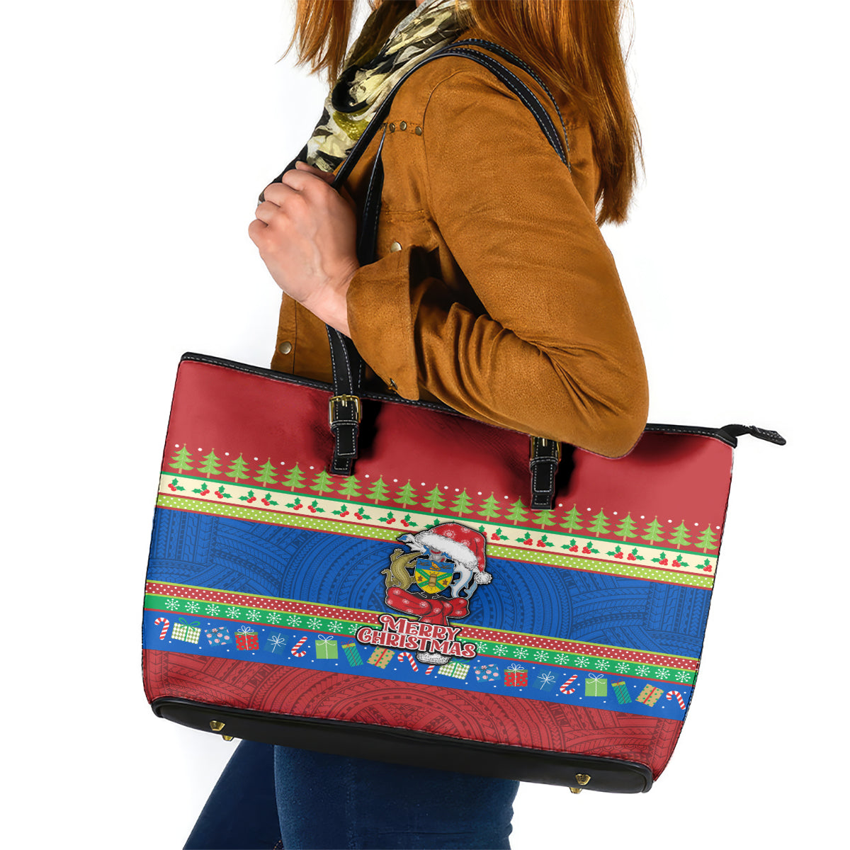 Solomon Islands Christmas Leather Tote Bag Santa With Flag Of Solomon Polynesian Tribal Xmas Vibe LT03 Blue - Polynesian Pride