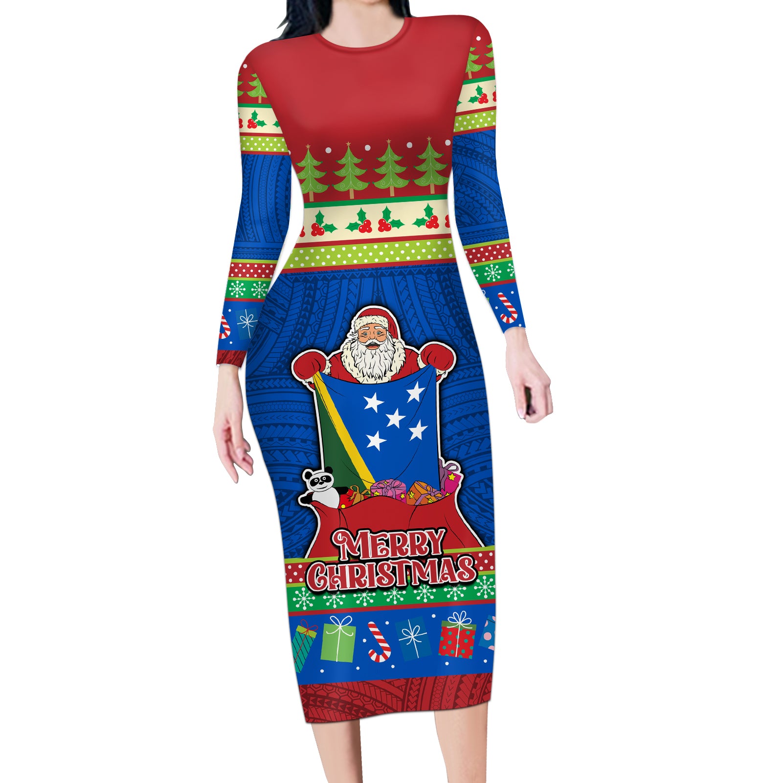 Solomon Islands Christmas Long Sleeve Bodycon Dress Santa With Flag Of Solomon Polynesian Tribal Xmas Vibe LT03 Long Dress Blue - Polynesian Pride