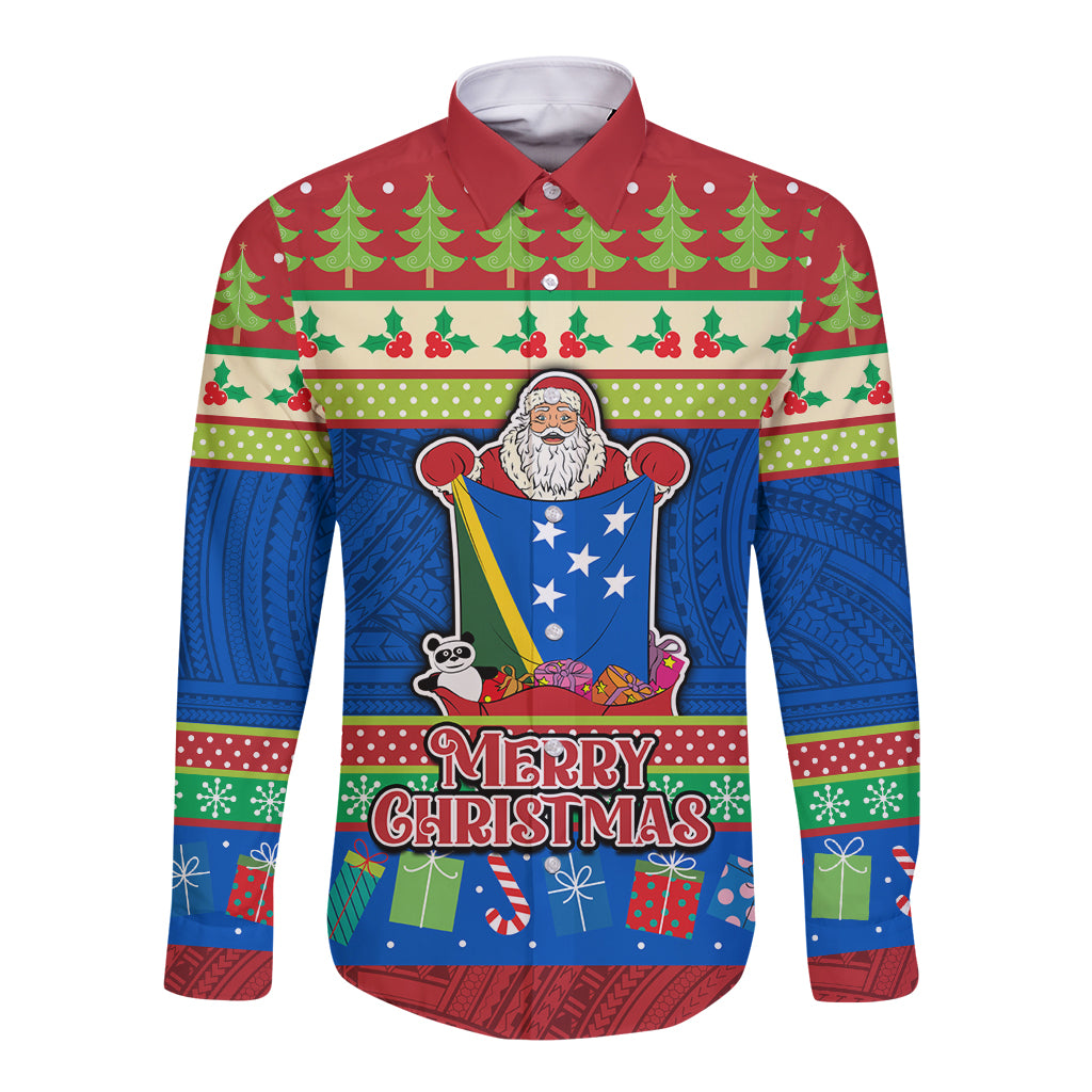 Solomon Islands Christmas Long Sleeve Button Shirt Santa With Flag Of Solomon Polynesian Tribal Xmas Vibe LT03 Unisex Blue - Polynesian Pride