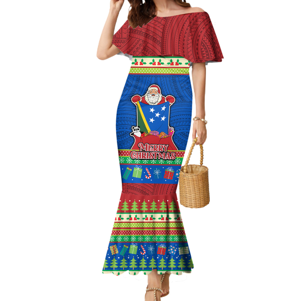 Solomon Islands Christmas Mermaid Dress Santa With Flag Of Solomon Polynesian Tribal Xmas Vibe LT03 Women Blue - Polynesian Pride