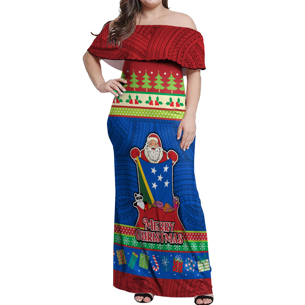 Solomon Islands Christmas Off Shoulder Maxi Dress Santa With Flag Of Solomon Polynesian Tribal Xmas Vibe LT03 Women Blue - Polynesian Pride