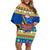 Solomon Islands Christmas Off Shoulder Short Dress Santa With Flag Of Solomon Polynesian Tribal Xmas Vibe LT03 Women Blue - Polynesian Pride