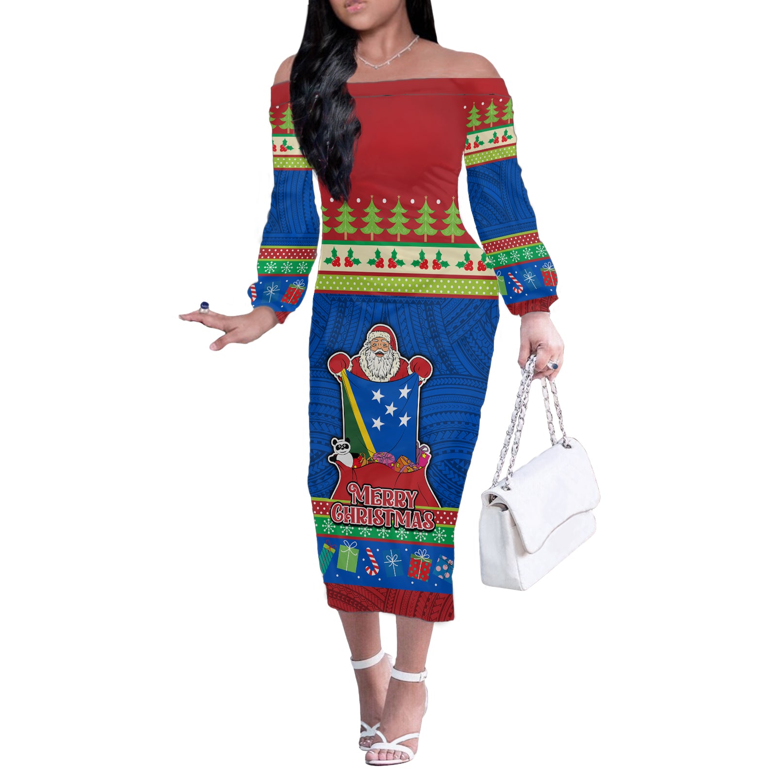 Solomon Islands Christmas Off The Shoulder Long Sleeve Dress Santa With Flag Of Solomon Polynesian Tribal Xmas Vibe LT03 Women Blue - Polynesian Pride