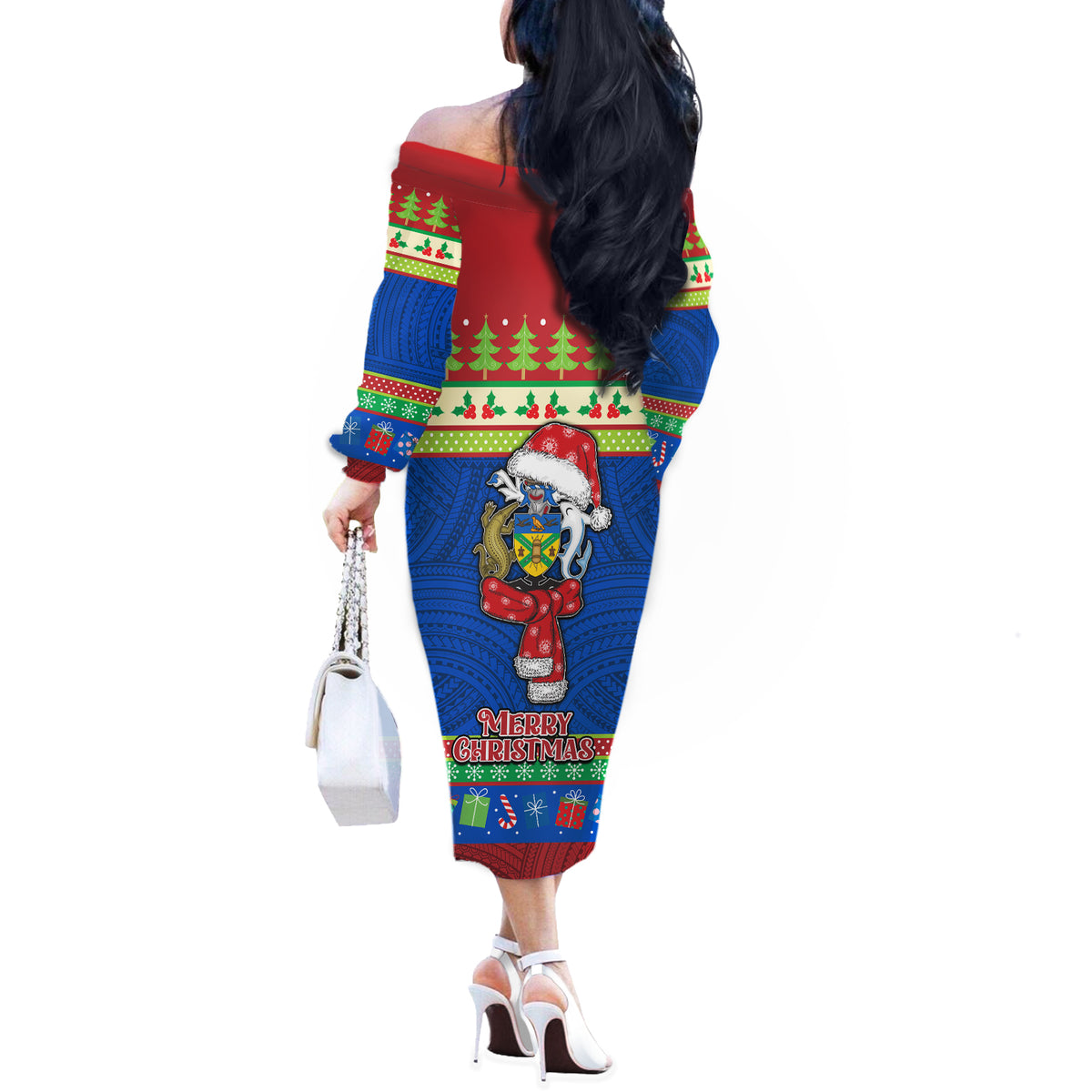 Solomon Islands Christmas Off The Shoulder Long Sleeve Dress Santa With Flag Of Solomon Polynesian Tribal Xmas Vibe LT03 - Polynesian Pride