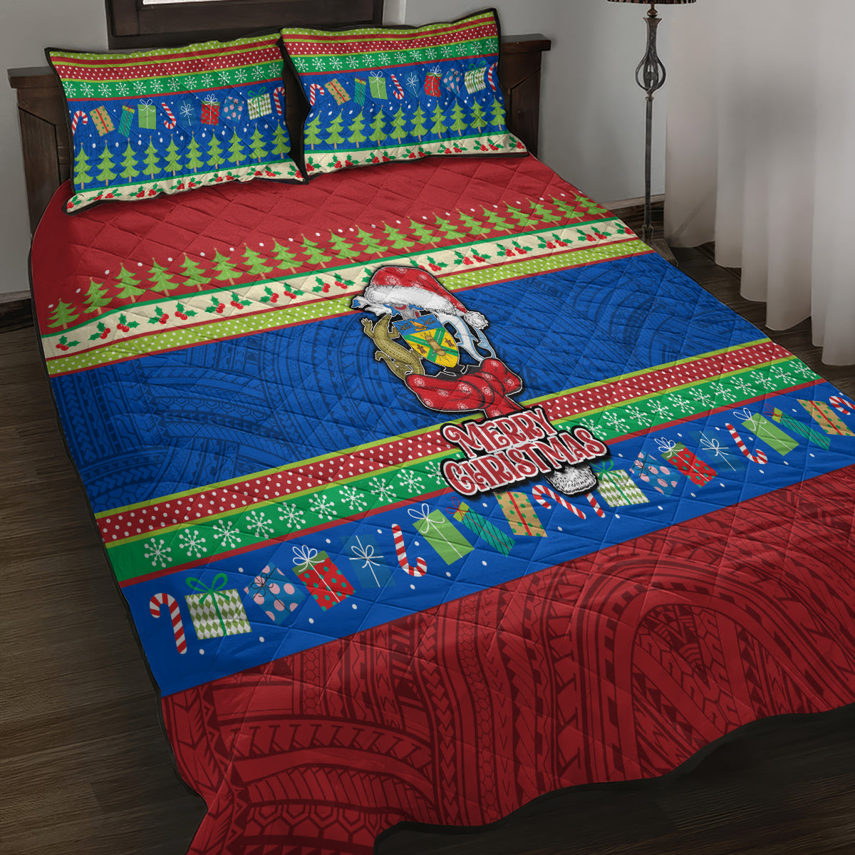 Solomon Islands Christmas Quilt Bed Set Santa With Flag Of Solomon Polynesian Tribal Xmas Vibe LT03 - Polynesian Pride