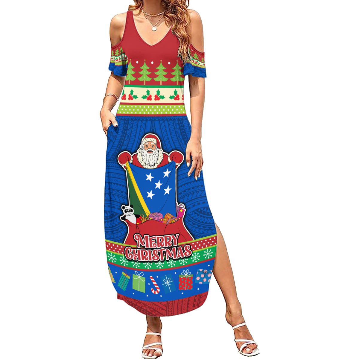 Solomon Islands Christmas Summer Maxi Dress Santa With Flag Of Solomon Polynesian Tribal Xmas Vibe LT03 Women Blue - Polynesian Pride