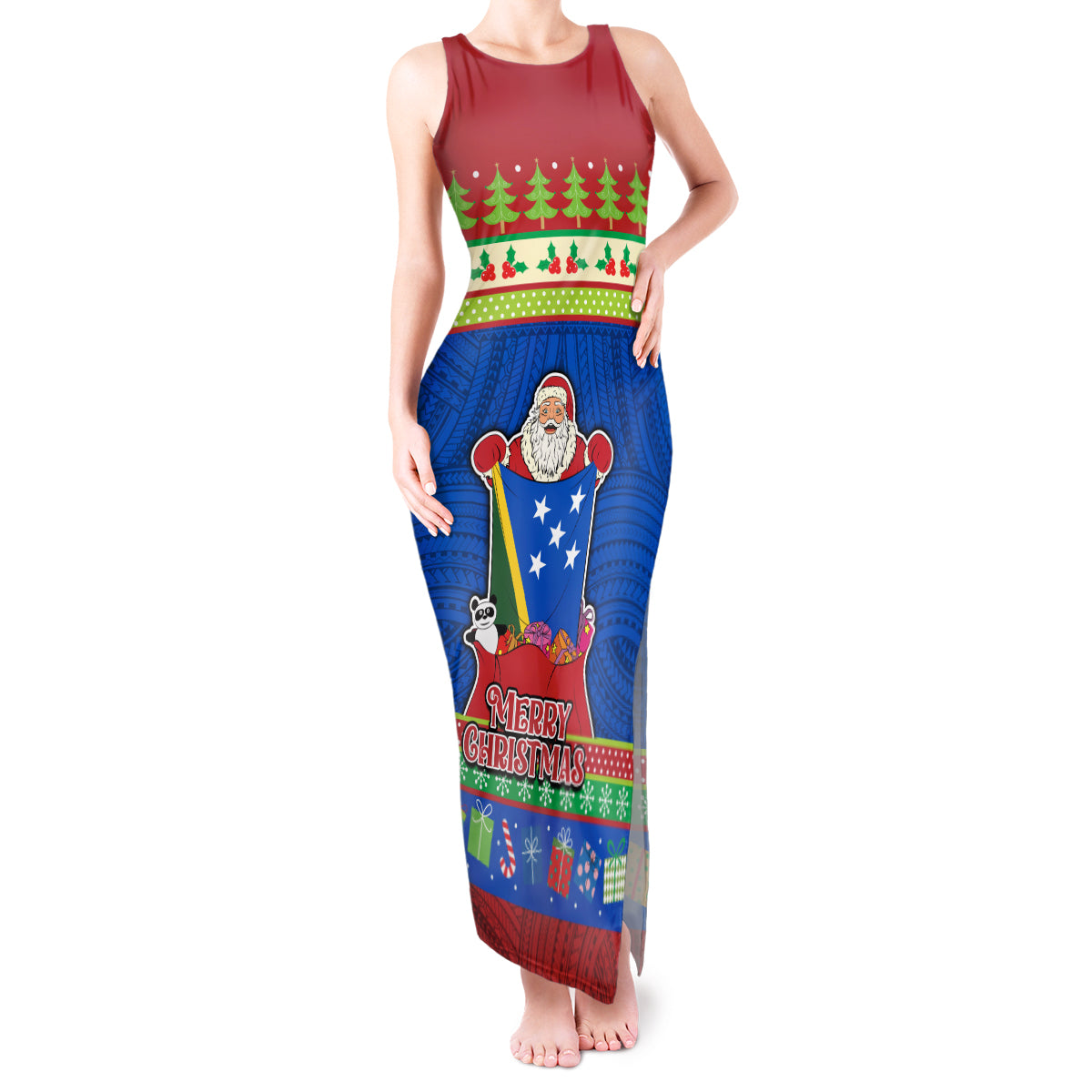 Solomon Islands Christmas Tank Maxi Dress Santa With Flag Of Solomon Polynesian Tribal Xmas Vibe LT03 Women Blue - Polynesian Pride