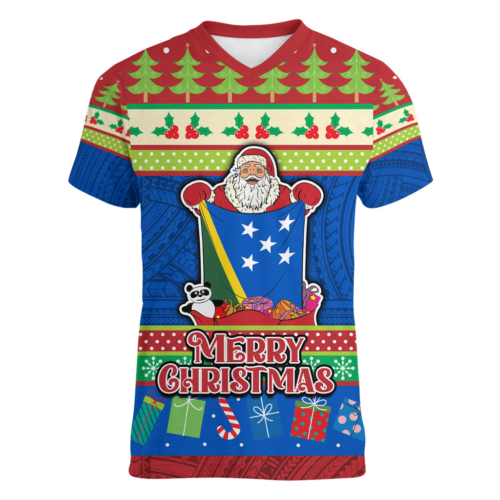 Solomon Islands Christmas Women V Neck T Shirt Santa With Flag Of Solomon Polynesian Tribal Xmas Vibe LT03 Female Blue - Polynesian Pride
