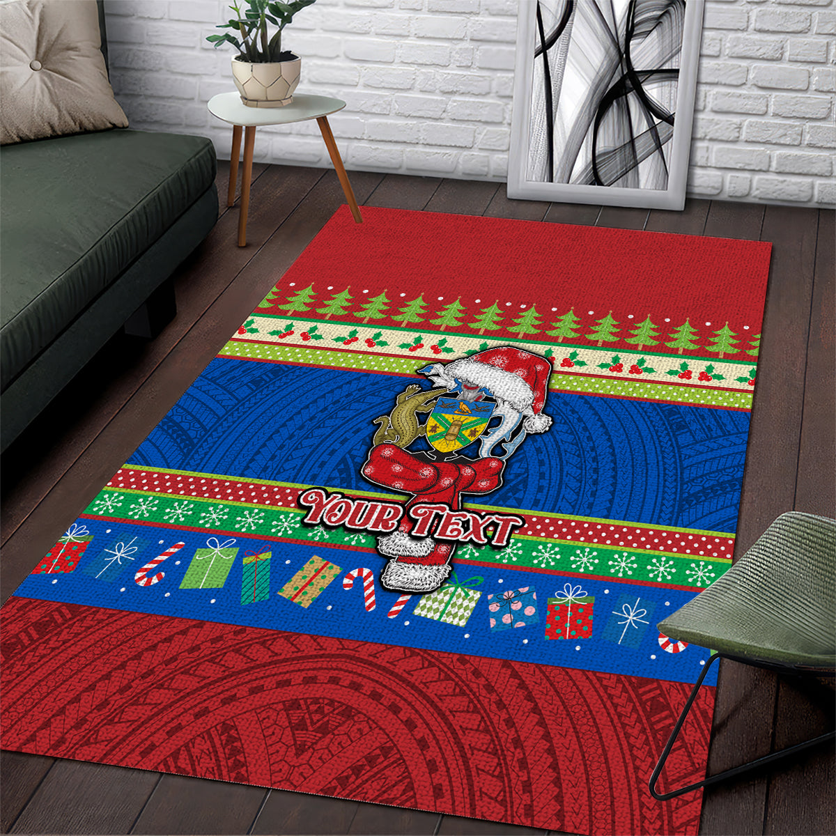 Personalised Solomon Islands Christmas Area Rug Santa With Flag Of Solomon Polynesian Tribal Xmas Vibe LT03 Blue - Polynesian Pride