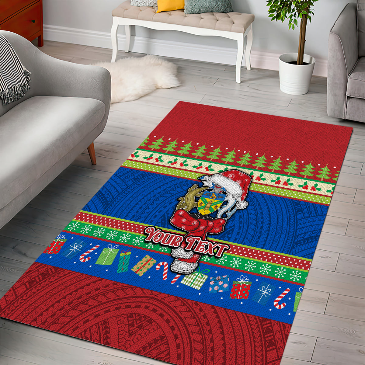 Personalised Solomon Islands Christmas Area Rug Santa With Flag Of Solomon Polynesian Tribal Xmas Vibe LT03 - Polynesian Pride