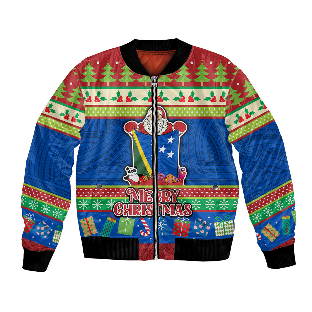 Personalised Solomon Islands Christmas Bomber Jacket Santa With Flag Of Solomon Polynesian Tribal Xmas Vibe LT03 Unisex Blue - Polynesian Pride