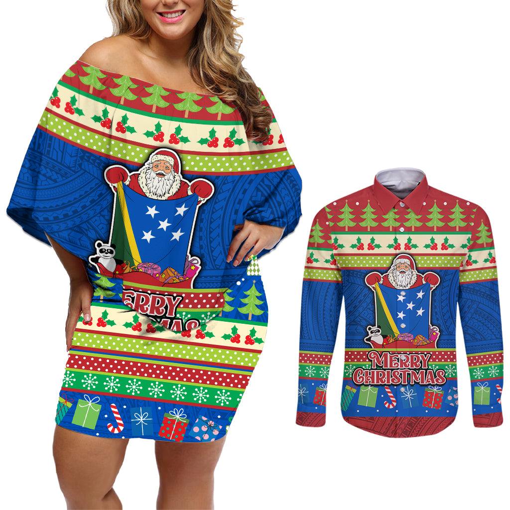 Personalised Solomon Islands Christmas Couples Matching Off Shoulder Short Dress and Long Sleeve Button Shirt Santa With Flag Of Solomon Polynesian Tribal Xmas Vibe LT03 Blue - Polynesian Pride