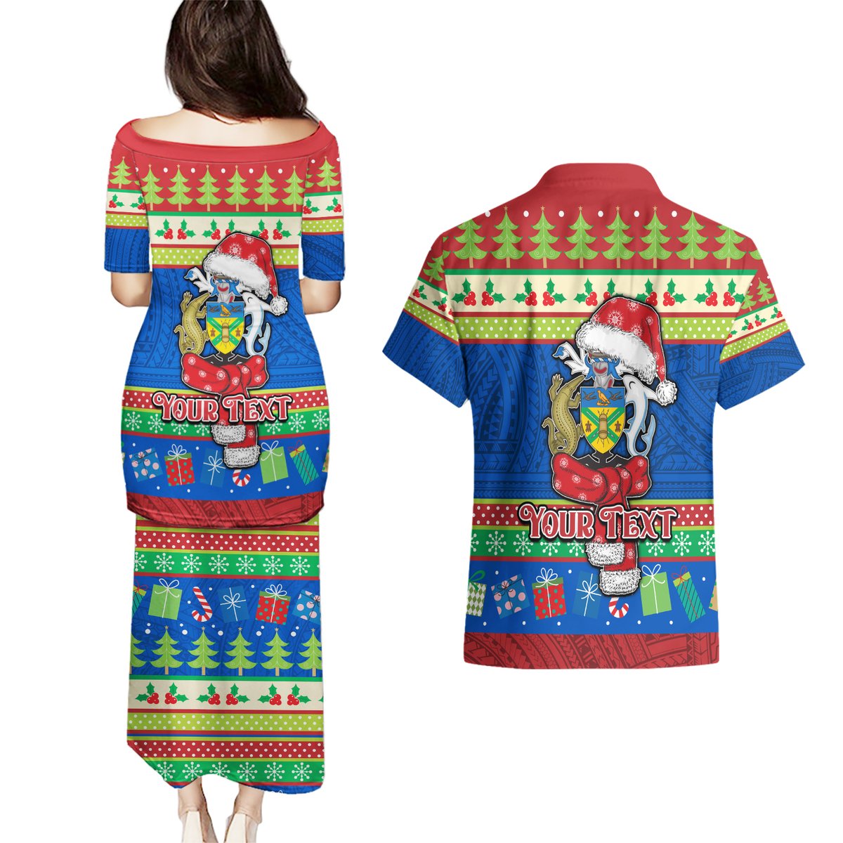 Personalised Solomon Islands Christmas Couples Matching Puletasi Dress and Hawaiian Shirt Santa With Flag Of Solomon Polynesian Tribal Xmas Vibe LT03 - Polynesian Pride