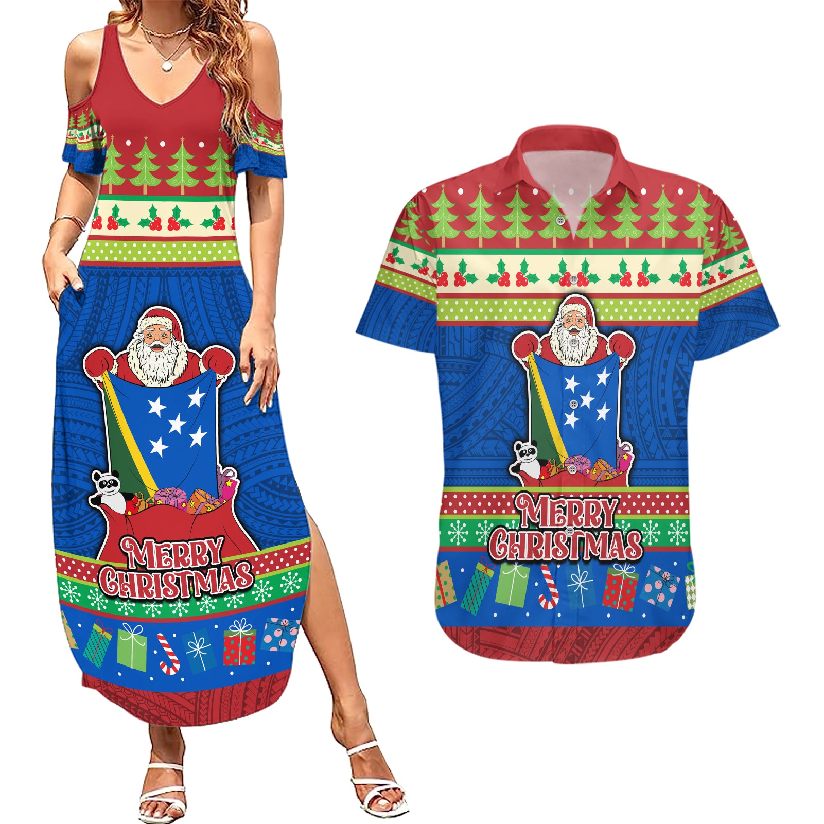 Personalised Solomon Islands Christmas Couples Matching Summer Maxi Dress and Hawaiian Shirt Santa With Flag Of Solomon Polynesian Tribal Xmas Vibe LT03 Blue - Polynesian Pride