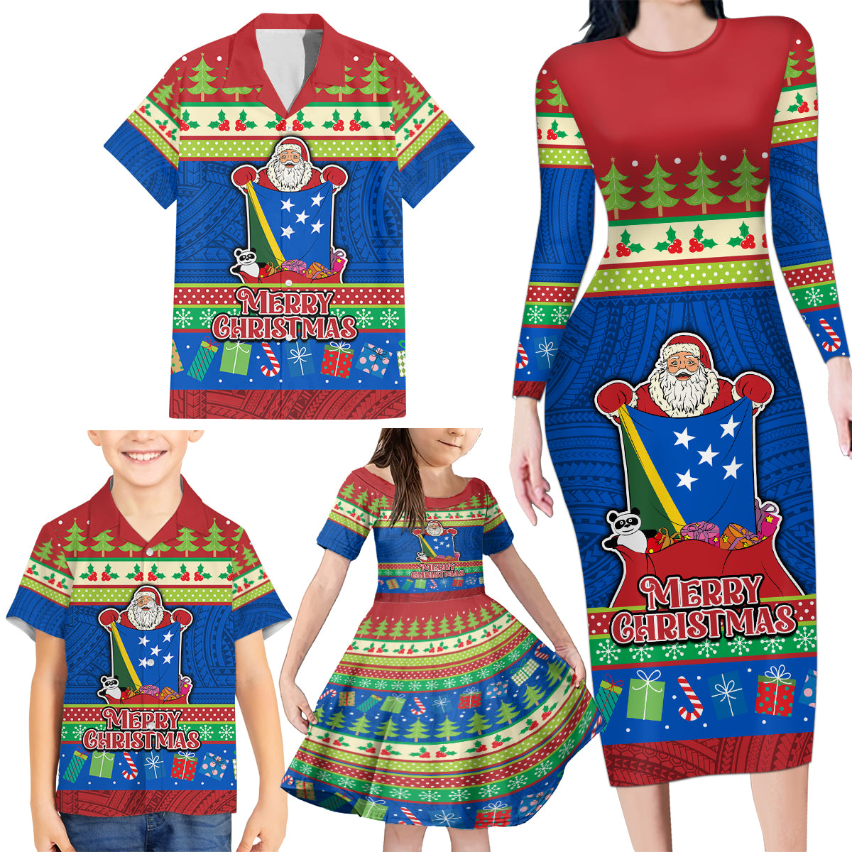 Personalised Solomon Islands Christmas Family Matching Long Sleeve Bodycon Dress and Hawaiian Shirt Santa With Flag Of Solomon Polynesian Tribal Xmas Vibe LT03 - Polynesian Pride