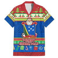 Personalised Solomon Islands Christmas Family Matching Off Shoulder Maxi Dress and Hawaiian Shirt Santa With Flag Of Solomon Polynesian Tribal Xmas Vibe LT03 Dad's Shirt - Short Sleeve Blue - Polynesian Pride