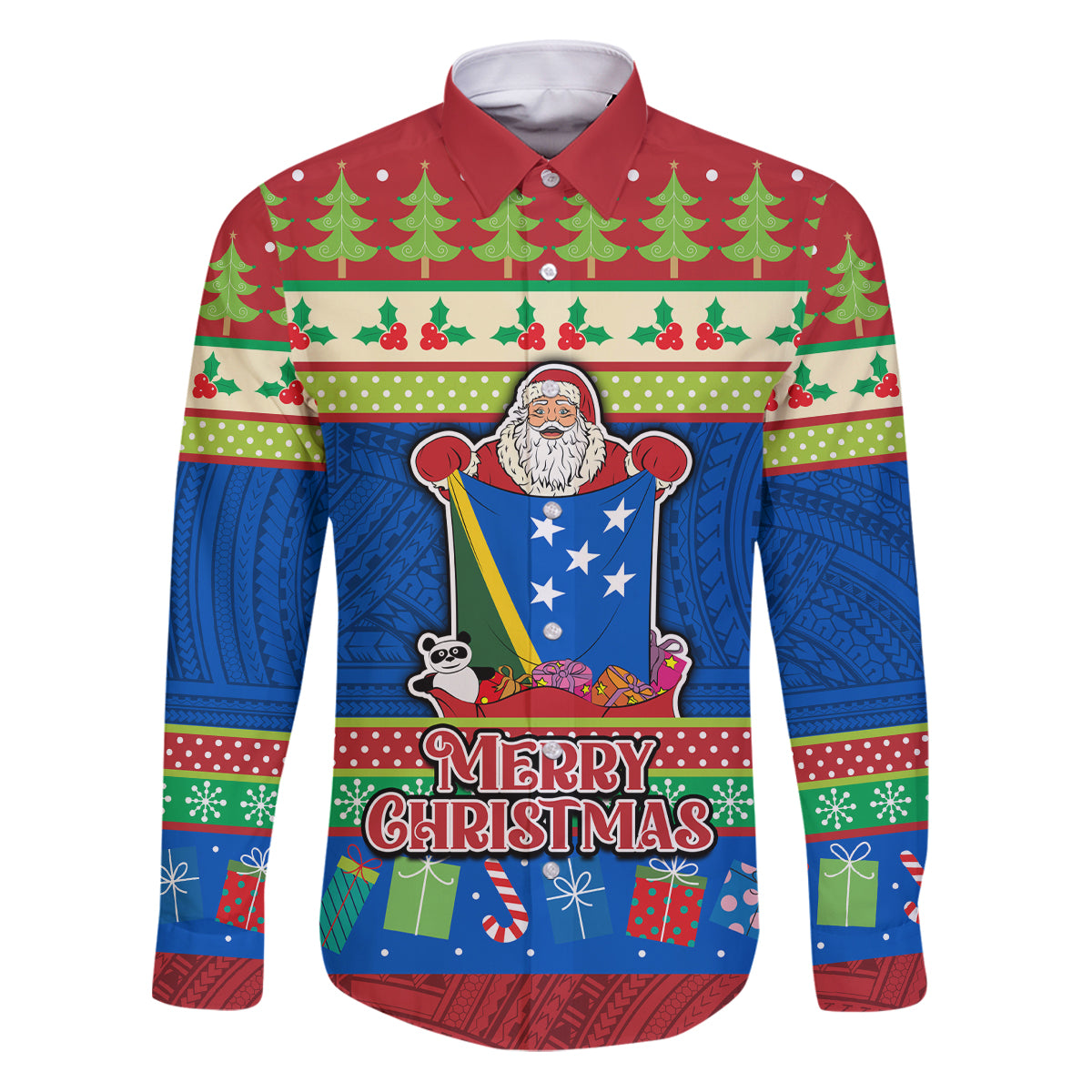 Personalised Solomon Islands Christmas Family Matching Puletasi Dress and Hawaiian Shirt Santa With Flag Of Solomon Polynesian Tribal Xmas Vibe LT03 Dad's Shirt - Long Sleeve Blue - Polynesian Pride