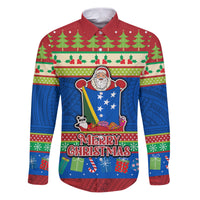 Personalised Solomon Islands Christmas Family Matching Puletasi Dress and Hawaiian Shirt Santa With Flag Of Solomon Polynesian Tribal Xmas Vibe LT03 Dad's Shirt - Long Sleeve Blue - Polynesian Pride