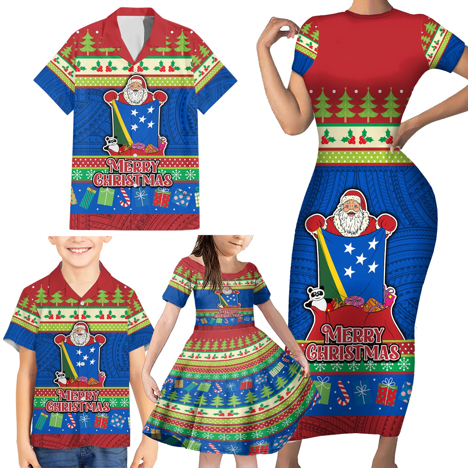 Personalised Solomon Islands Christmas Family Matching Short Sleeve Bodycon Dress and Hawaiian Shirt Santa With Flag Of Solomon Polynesian Tribal Xmas Vibe LT03 - Polynesian Pride