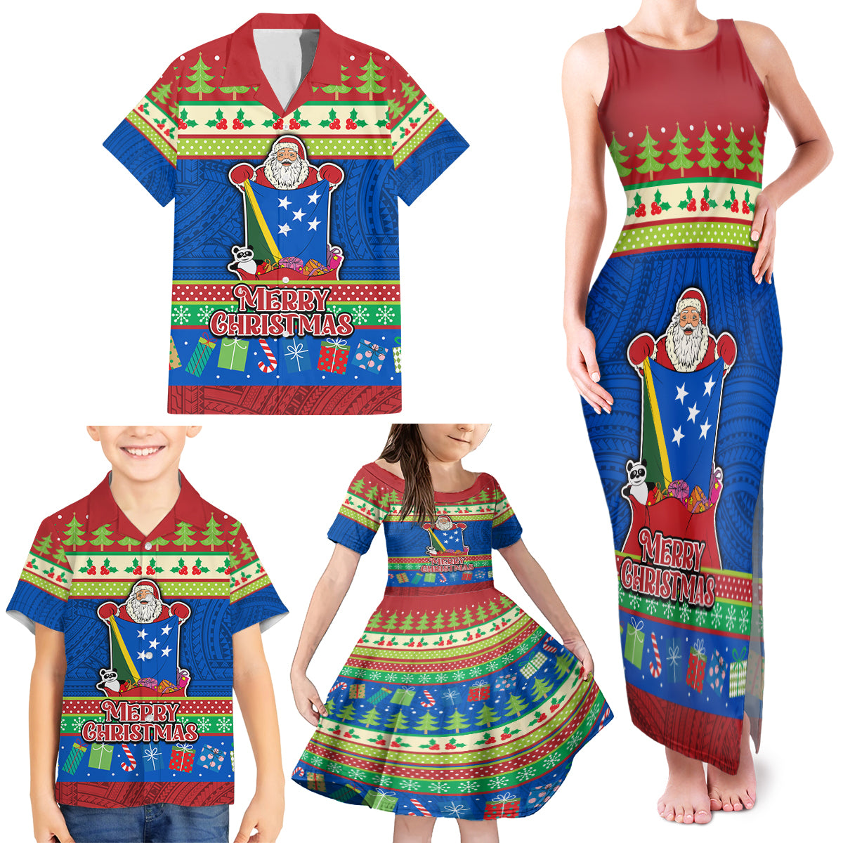 Personalised Solomon Islands Christmas Family Matching Tank Maxi Dress and Hawaiian Shirt Santa With Flag Of Solomon Polynesian Tribal Xmas Vibe LT03 - Polynesian Pride