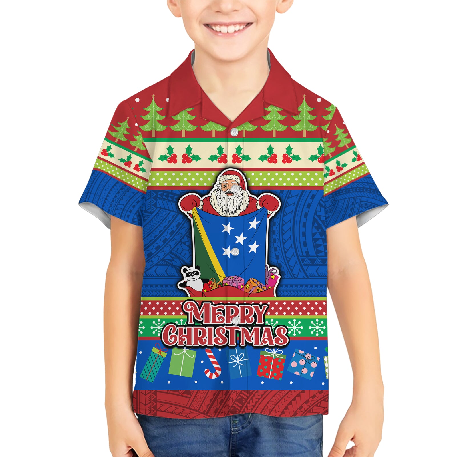 Personalised Solomon Islands Christmas Kid Hawaiian Shirt Santa With Flag Of Solomon Polynesian Tribal Xmas Vibe LT03 Kid Blue - Polynesian Pride