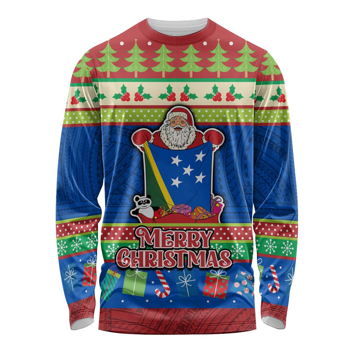 Personalised Solomon Islands Christmas Long Sleeve Shirt Santa With Flag Of Solomon Polynesian Tribal Xmas Vibe LT03 Unisex Blue - Polynesian Pride