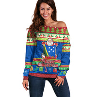 Personalised Solomon Islands Christmas Off Shoulder Sweater Santa With Flag Of Solomon Polynesian Tribal Xmas Vibe LT03 Women Blue - Polynesian Pride