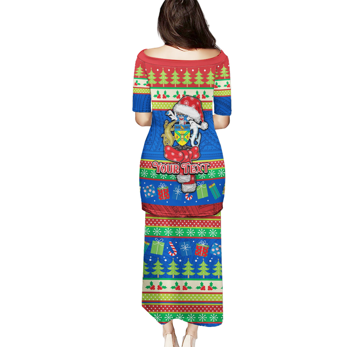Personalised Solomon Islands Christmas Puletasi Santa With Flag Of Solomon Polynesian Tribal Xmas Vibe LT03 - Polynesian Pride