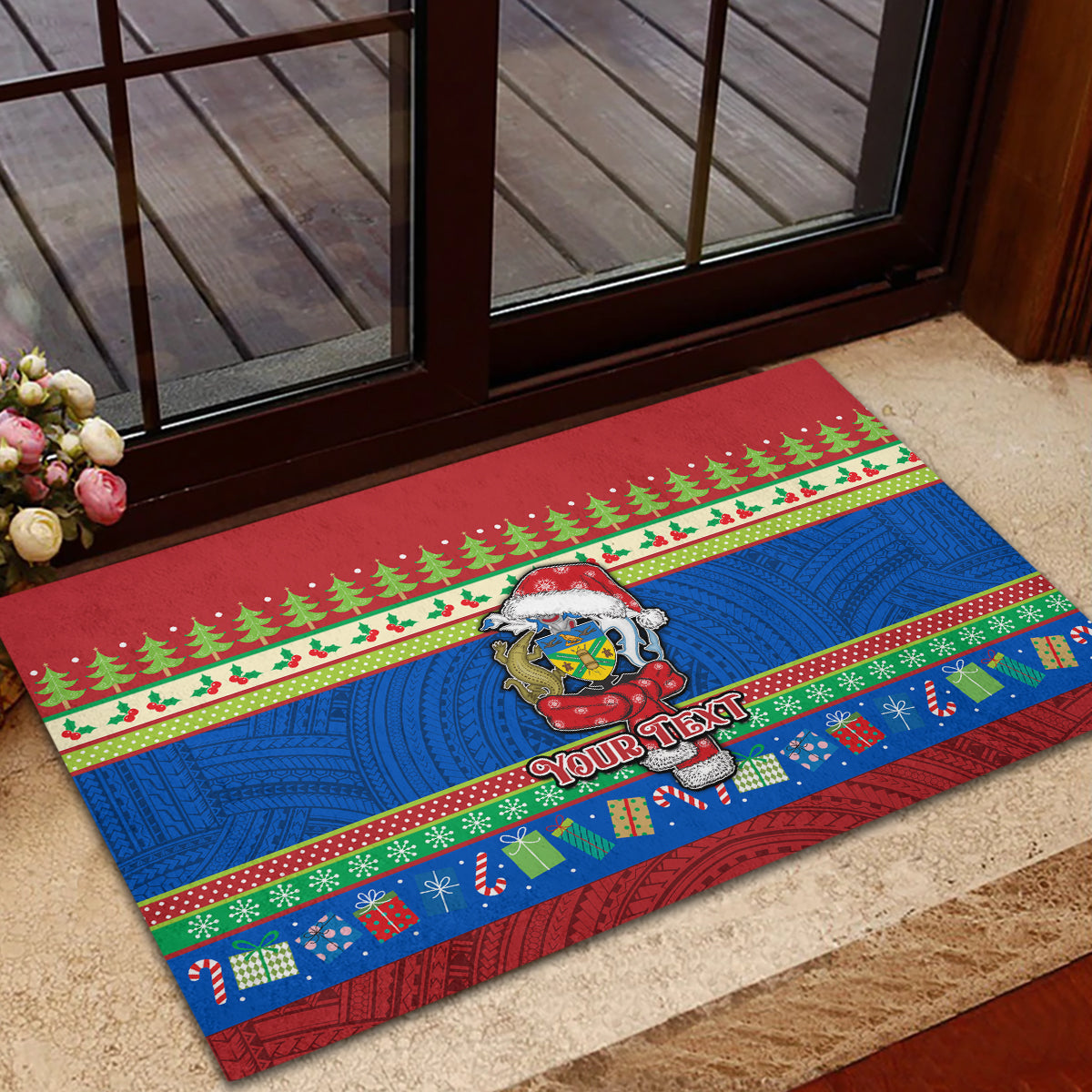 Personalised Solomon Islands Christmas Rubber Doormat Santa With Flag Of Solomon Polynesian Tribal Xmas Vibe LT03 - Polynesian Pride