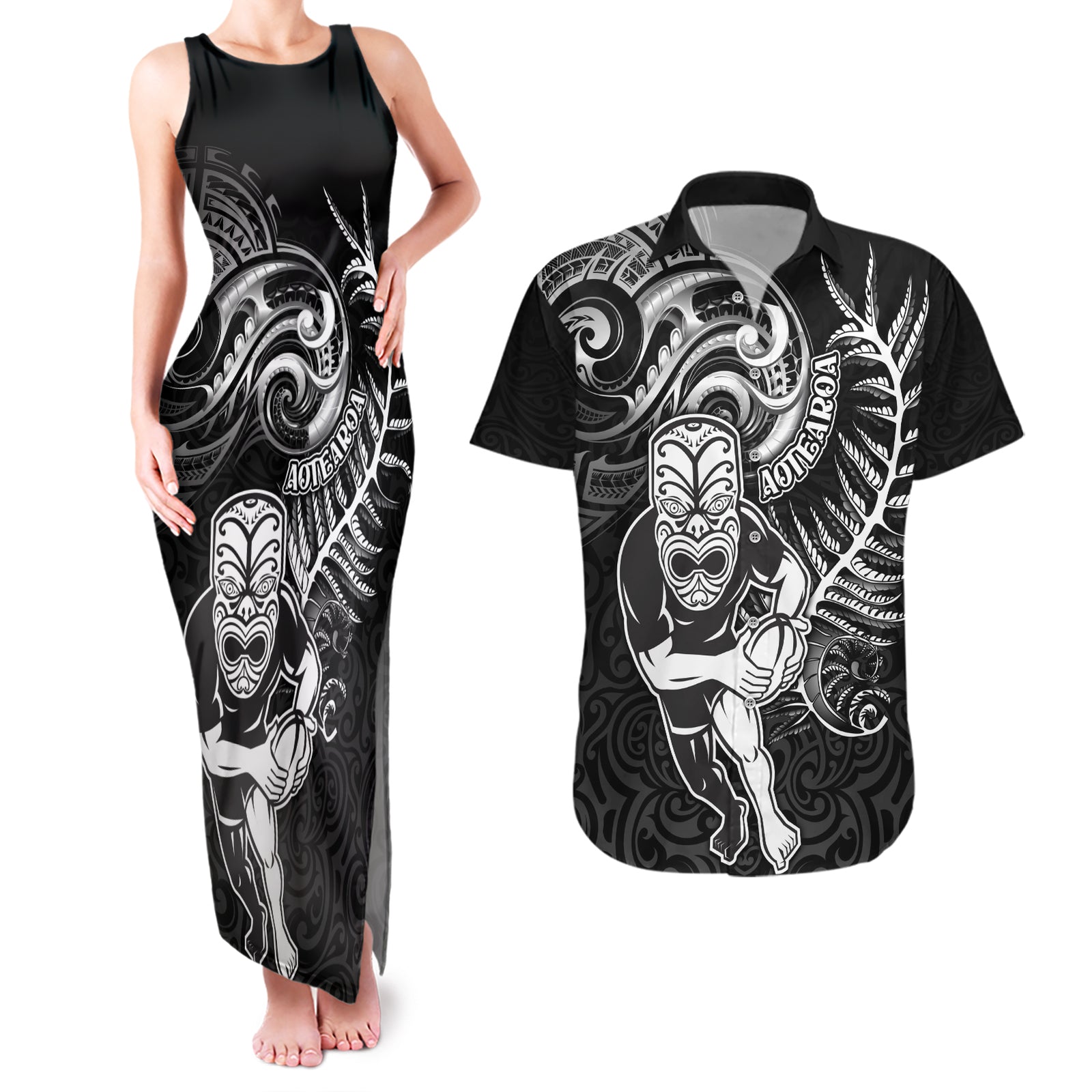 New Zealand Rugby Couples Matching Tank Maxi Dress and Hawaiian Shirt Maori Warrior Rugby with Silver Fern Sleeve Tribal Ethnic Style LT03 Black - Polynesian Pride
