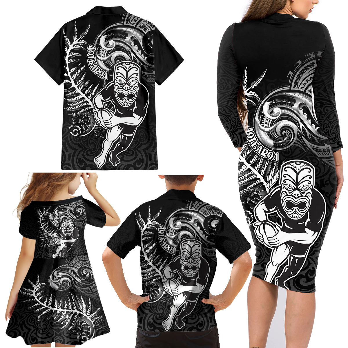 New Zealand Rugby Family Matching Long Sleeve Bodycon Dress and Hawaiian Shirt Maori Warrior Rugby with Silver Fern Sleeve Tribal Ethnic Style LT03 - Polynesian Pride