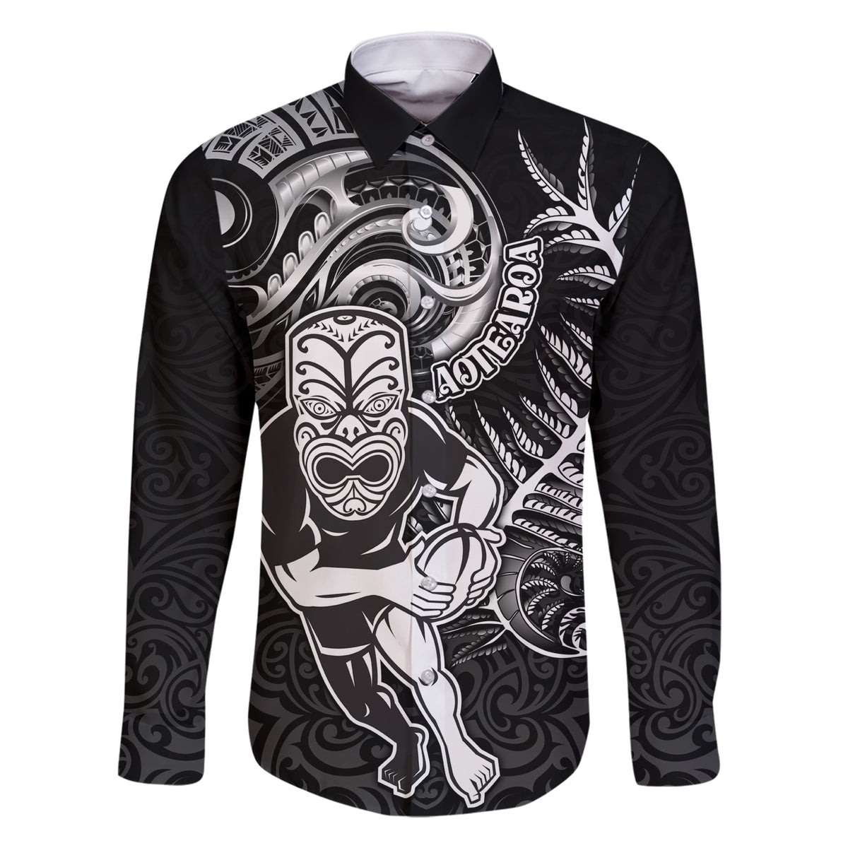 New Zealand Rugby Family Matching Short Sleeve Bodycon Dress and Hawaiian Shirt Maori Warrior Rugby with Silver Fern Sleeve Tribal Ethnic Style LT03 Dad's Shirt - Long Sleeve Black - Polynesian Pride