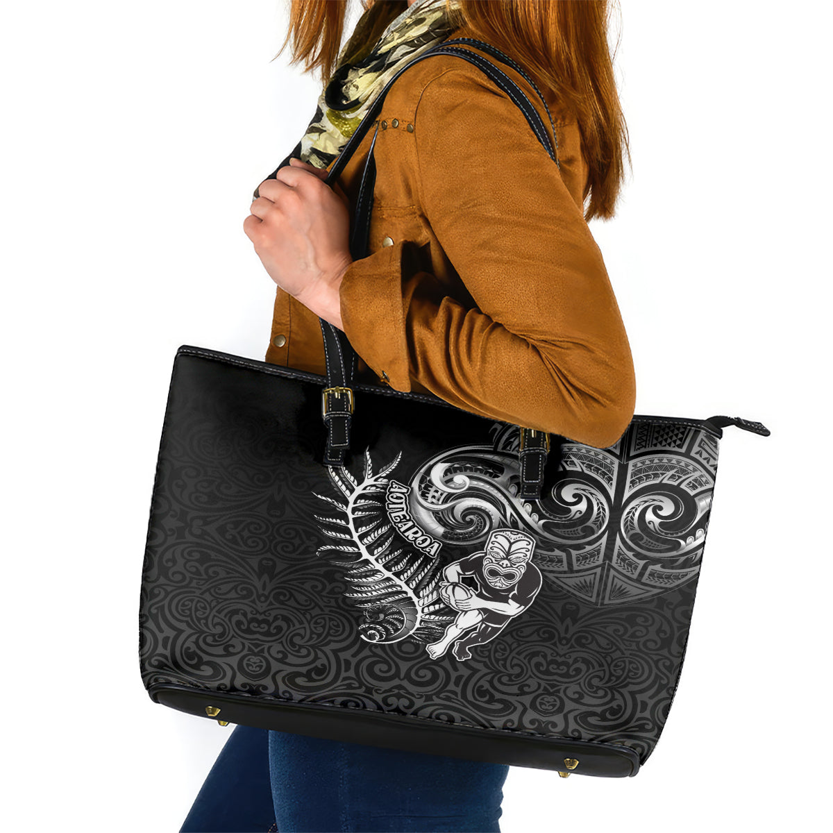 New Zealand Rugby Leather Tote Bag Maori Warrior Rugby with Silver Fern Sleeve Tribal Ethnic Style LT03 Black - Polynesian Pride