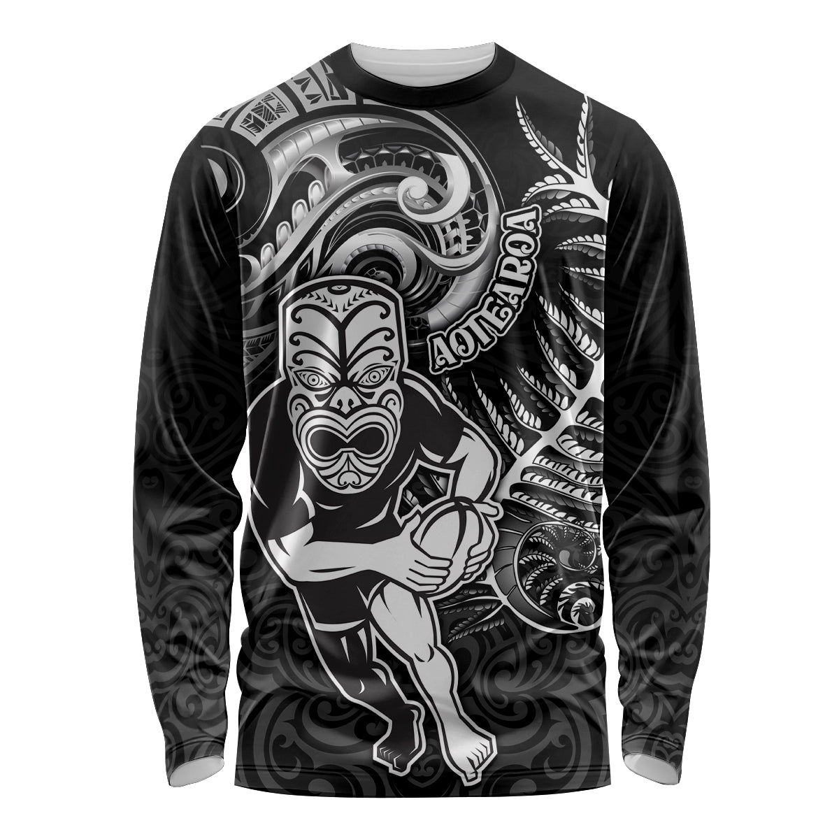 New Zealand Rugby Long Sleeve Shirt Maori Warrior Rugby with Silver Fern Sleeve Tribal Ethnic Style LT03 Unisex Black - Polynesian Pride