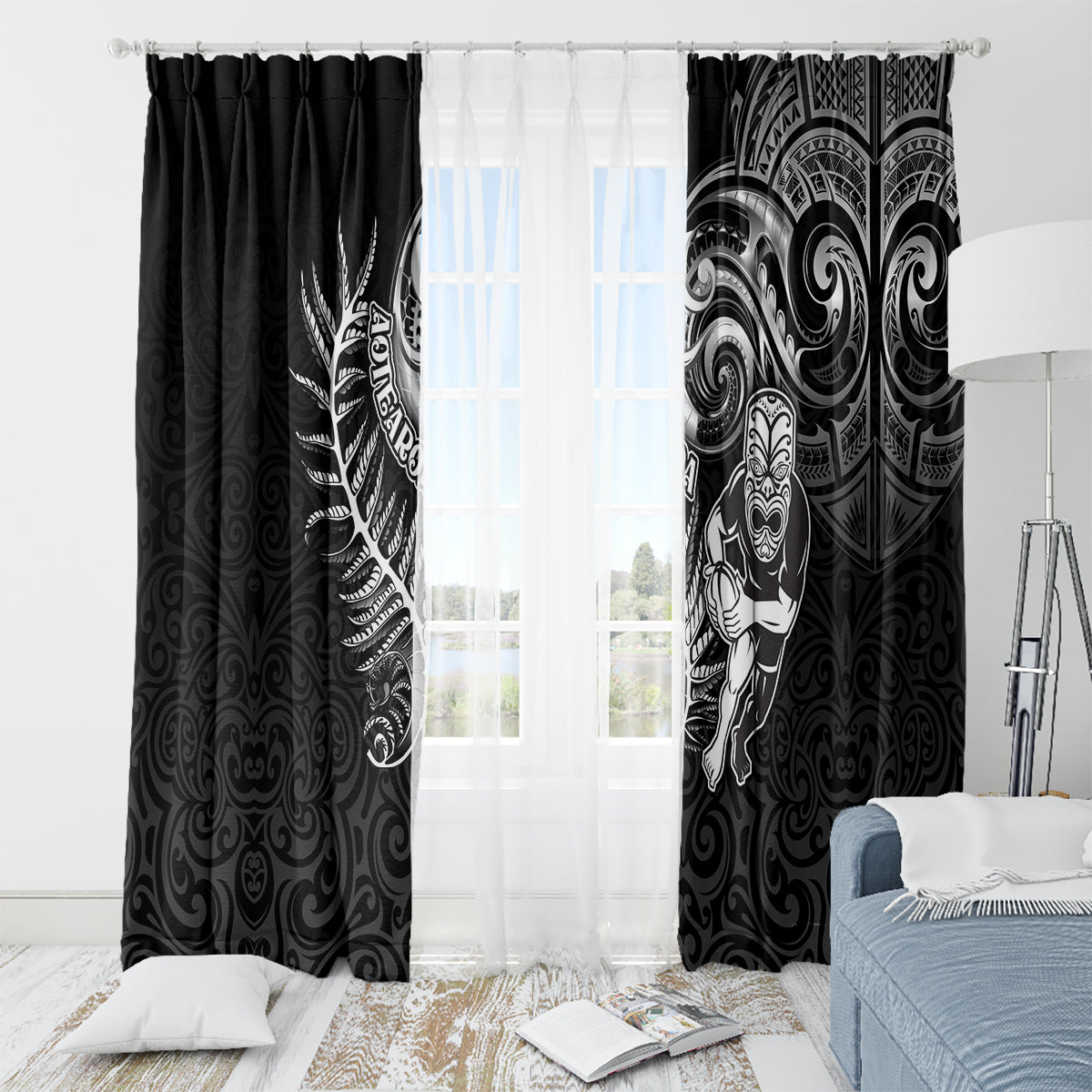 New Zealand Rugby Window Curtain Maori Warrior Rugby with Silver Fern Sleeve Tribal Ethnic Style LT03 - Polynesian Pride