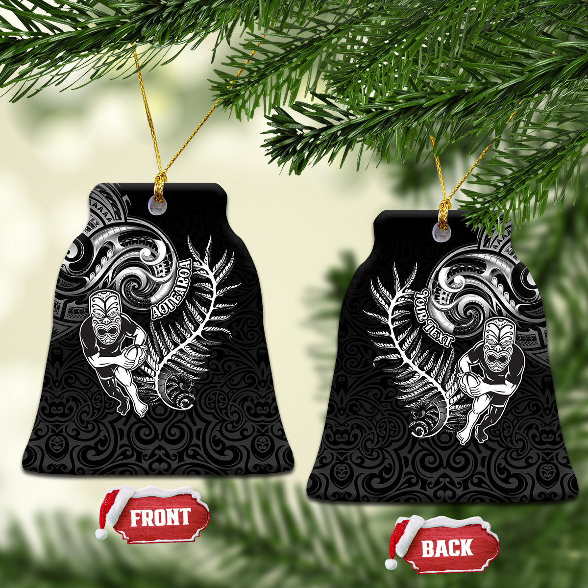 Personalised New Zealand Rugby Ceramic Ornament Maori Warrior Rugby with Silver Fern Sleeve Tribal Ethnic Style LT03 Bell Flake Black - Polynesian Pride