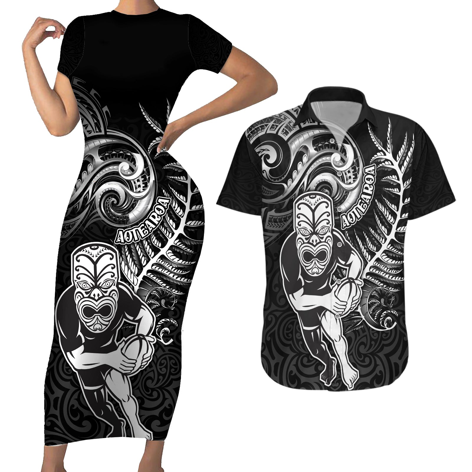 Personalised New Zealand Rugby Couples Matching Short Sleeve Bodycon Dress and Hawaiian Shirt Maori Warrior Rugby with Silver Fern Sleeve Tribal Ethnic Style LT03 Black - Polynesian Pride