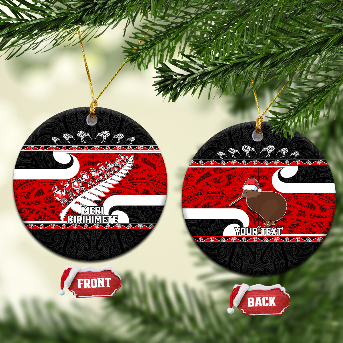 Personalized New Zealand Christmas Ceramic Ornament Santa Haka Fern and Kiwi Bird Tino Rangatiratanga Maori Flag Style LT03 Circle Black - Polynesian Pride