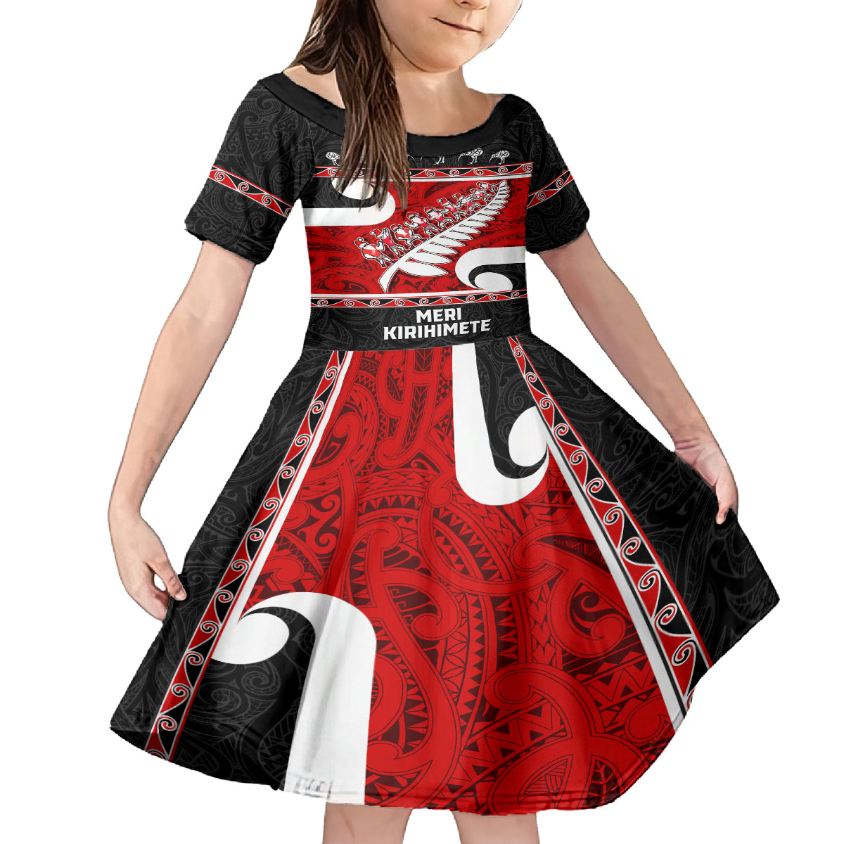 Personalized New Zealand Christmas Family Matching Tank Maxi Dress and Hawaiian Shirt Santa Haka Fern and Kiwi Bird Tino Rangatiratanga Maori Flag Style LT03 Daughter's Dress Black - Polynesian Pride