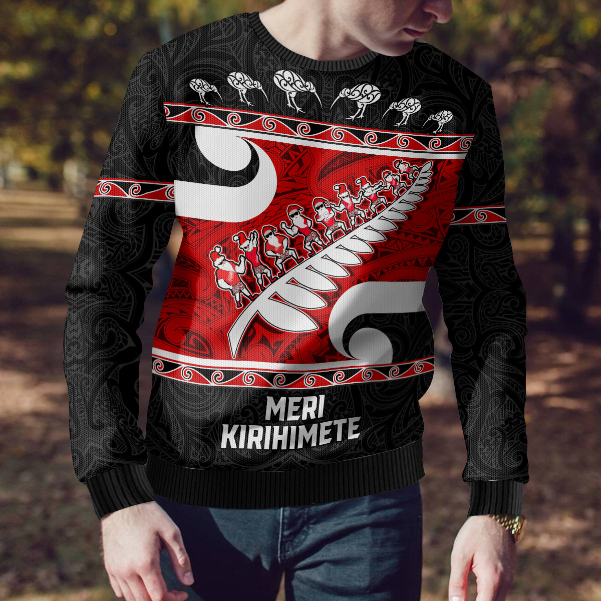 Personalized New Zealand Christmas Ugly Christmas Sweater Santa Haka Fern and Kiwi Bird Tino Rangatiratanga Maori Flag Style LT03 - Polynesian Pride