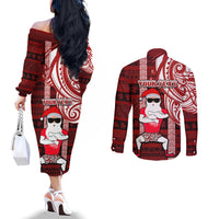 Personalized New Zealand Christmas Couples Matching Off The Shoulder Long Sleeve Dress and Long Sleeve Button Shirt Santa Claus and Kiwi Bird Maori Tattoo Koru Pattern LT03 - Polynesian Pride