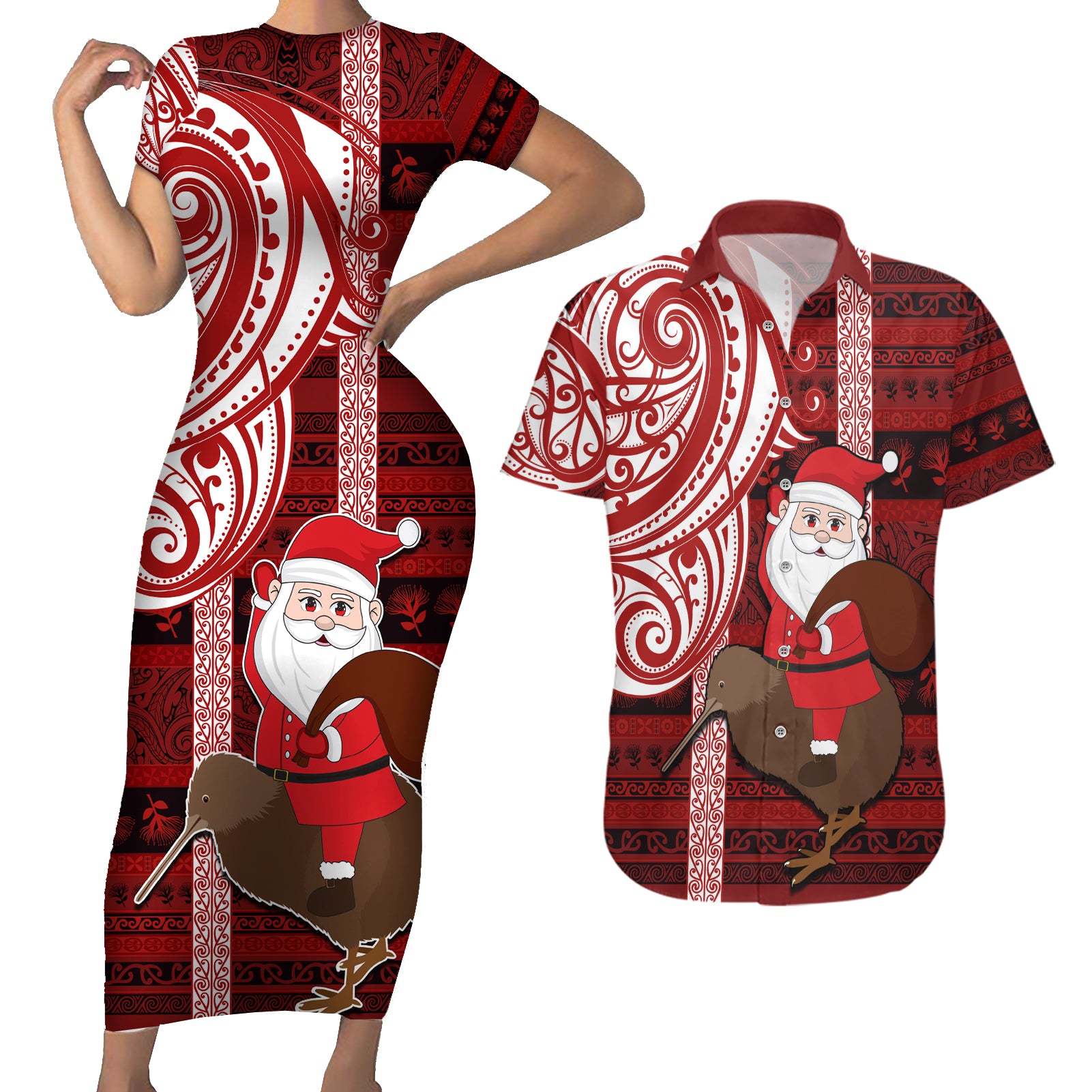 Personalized New Zealand Christmas Couples Matching Short Sleeve Bodycon Dress and Hawaiian Shirt Santa Claus and Kiwi Bird Maori Tattoo Koru Pattern LT03 Red - Polynesian Pride