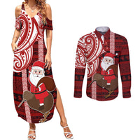 Personalized New Zealand Christmas Couples Matching Summer Maxi Dress and Long Sleeve Button Shirt Santa Claus and Kiwi Bird Maori Tattoo Koru Pattern LT03 Red - Polynesian Pride