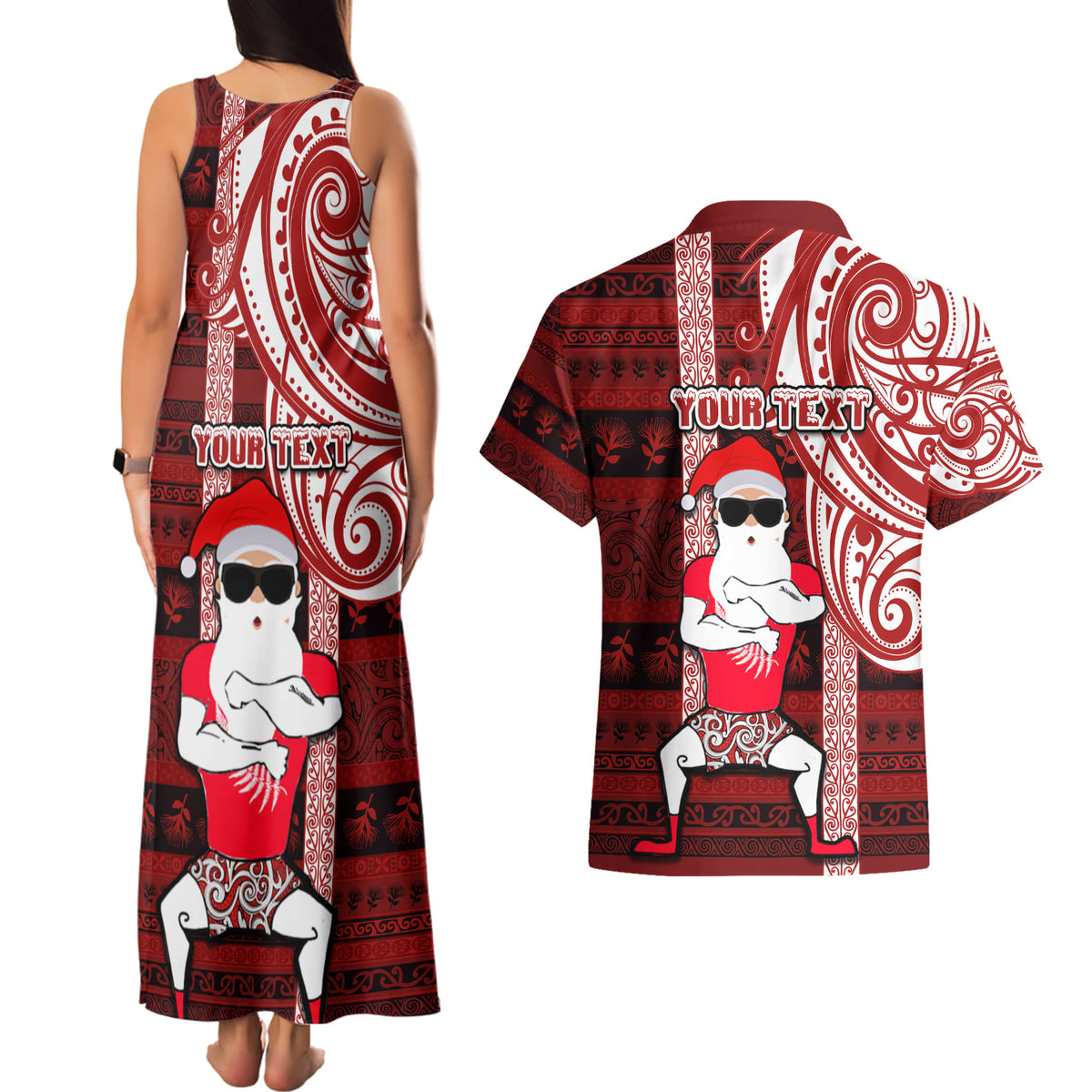 Personalized New Zealand Christmas Couples Matching Tank Maxi Dress and Hawaiian Shirt Santa Claus and Kiwi Bird Maori Tattoo Koru Pattern LT03 - Polynesian Pride
