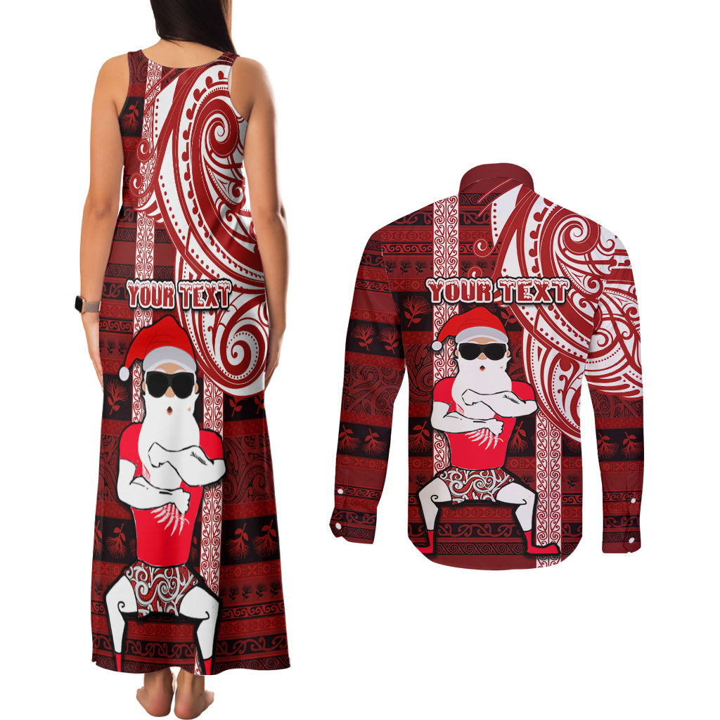 Personalized New Zealand Christmas Couples Matching Tank Maxi Dress and Long Sleeve Button Shirt Santa Claus and Kiwi Bird Maori Tattoo Koru Pattern LT03 - Polynesian Pride