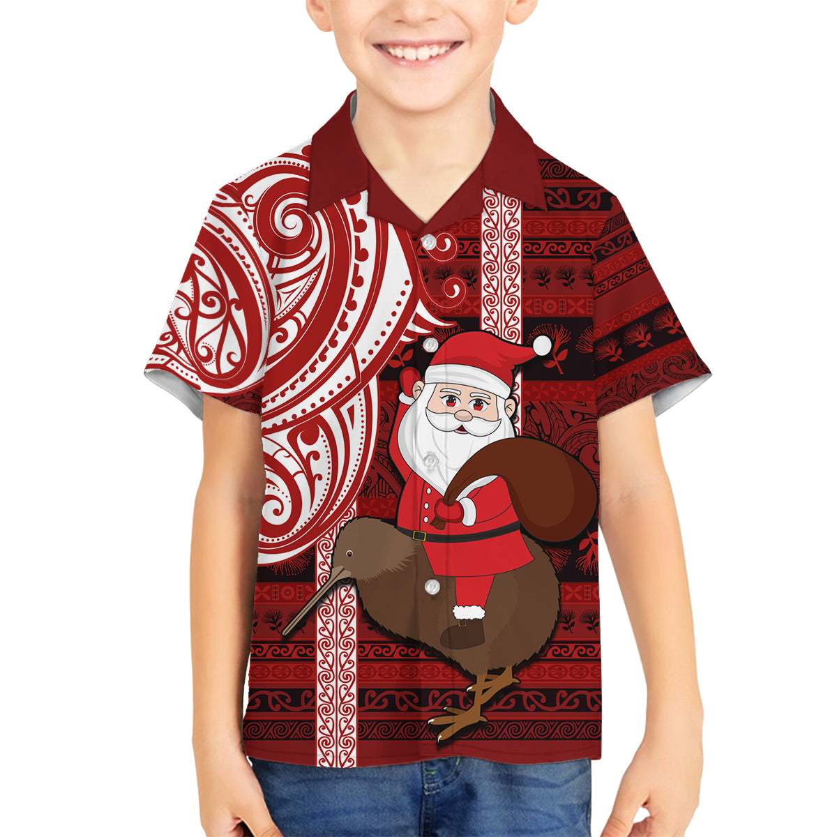 Personalized New Zealand Christmas Family Matching Puletasi Dress and Hawaiian Shirt Santa Claus and Kiwi Bird Maori Tattoo Koru Pattern LT03 Son's Shirt Red - Polynesian Pride