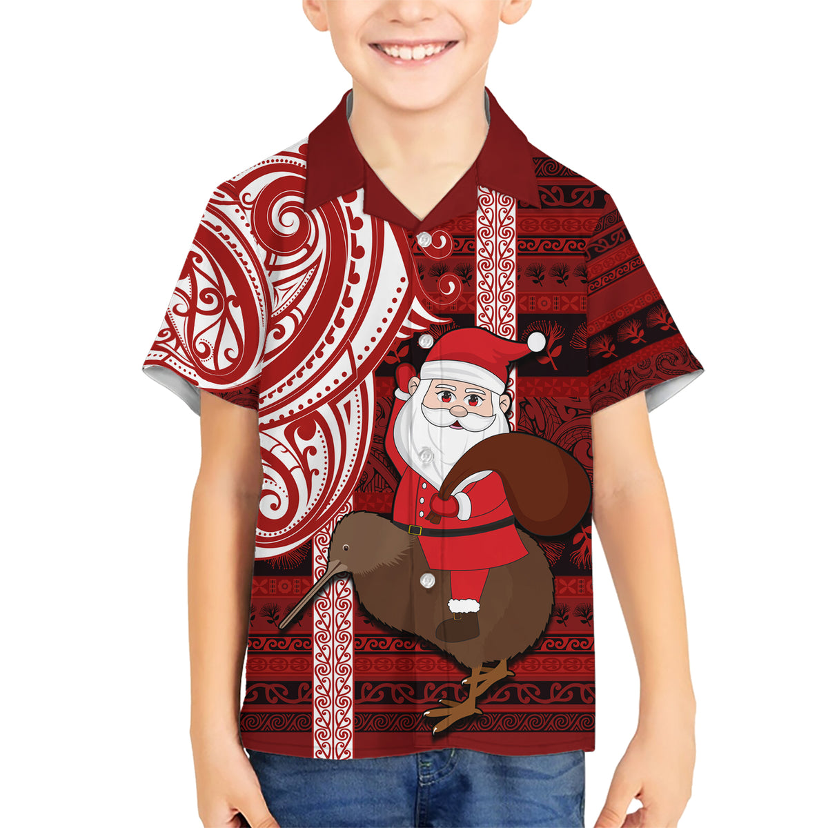 Personalized New Zealand Christmas Family Matching Short Sleeve Bodycon Dress and Hawaiian Shirt Santa Claus and Kiwi Bird Maori Tattoo Koru Pattern LT03 Son's Shirt Red - Polynesian Pride
