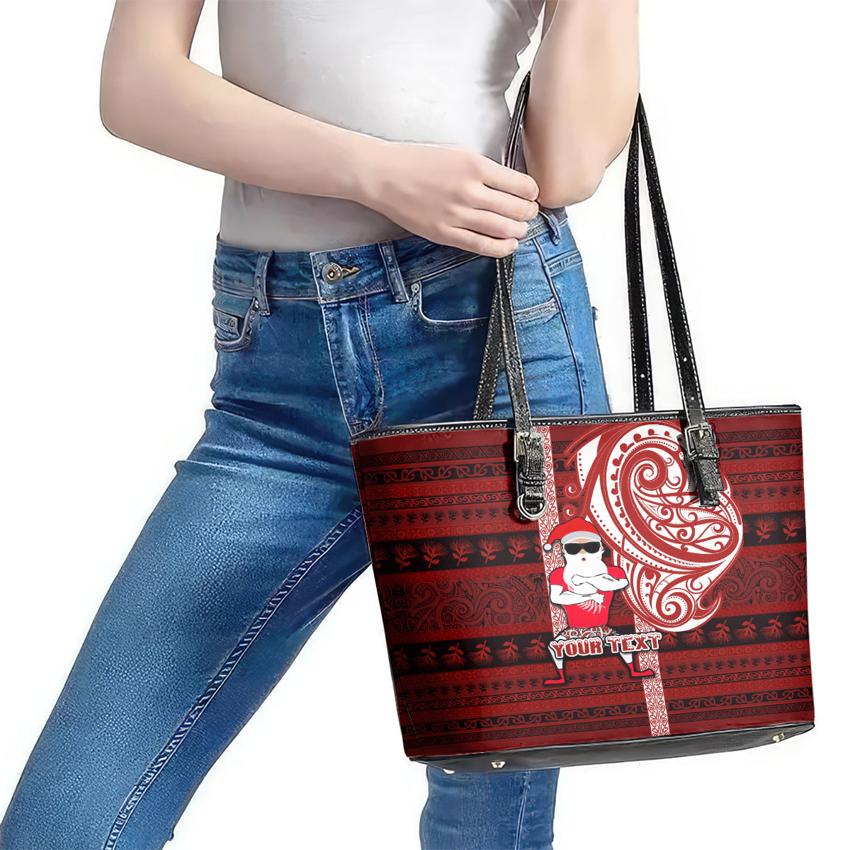 Personalized New Zealand Christmas Leather Tote Bag Santa Claus and Kiwi Bird Maori Tattoo Koru Pattern LT03 - Polynesian Pride