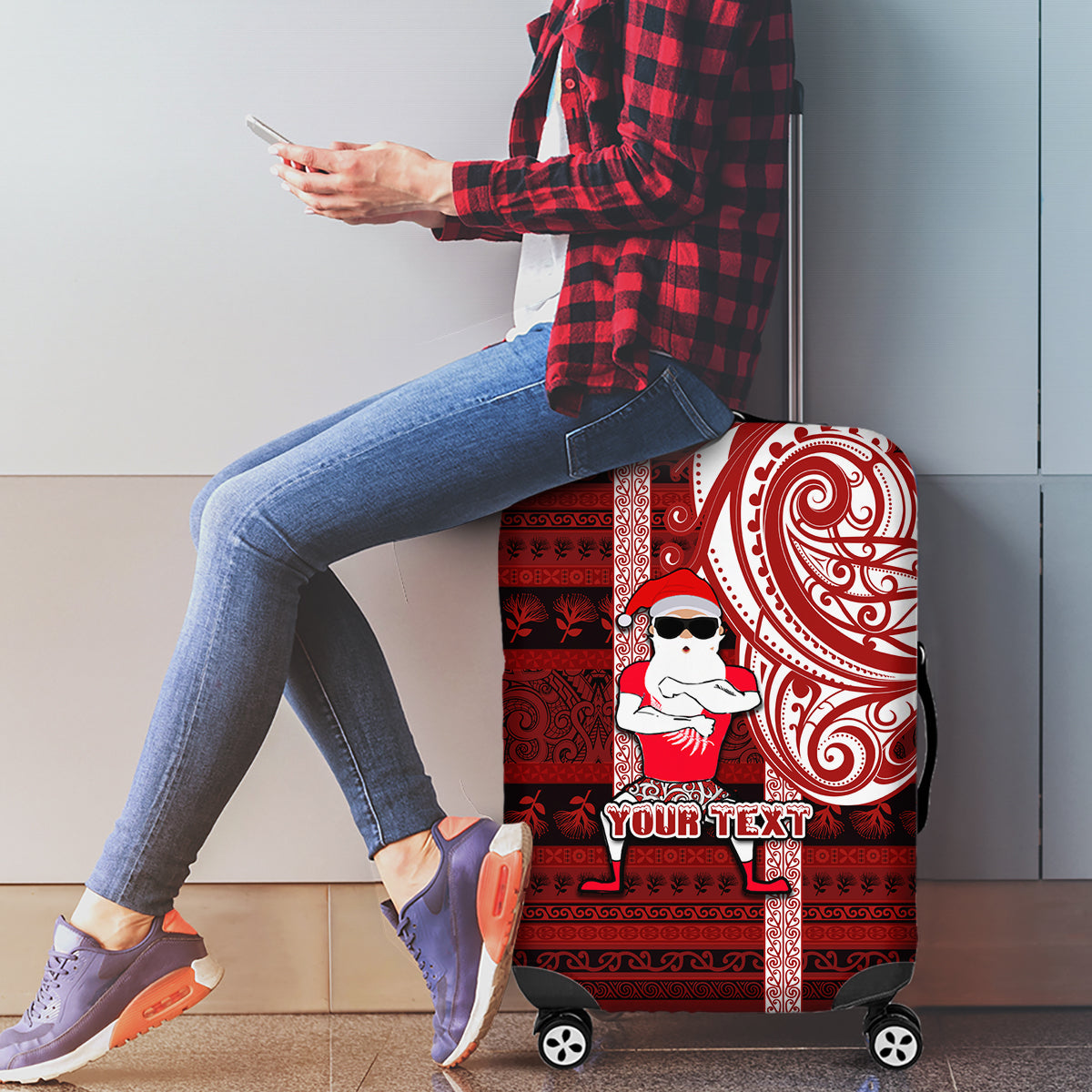 Personalized New Zealand Christmas Luggage Cover Santa Claus and Kiwi Bird Maori Tattoo Koru Pattern LT03 - Polynesian Pride